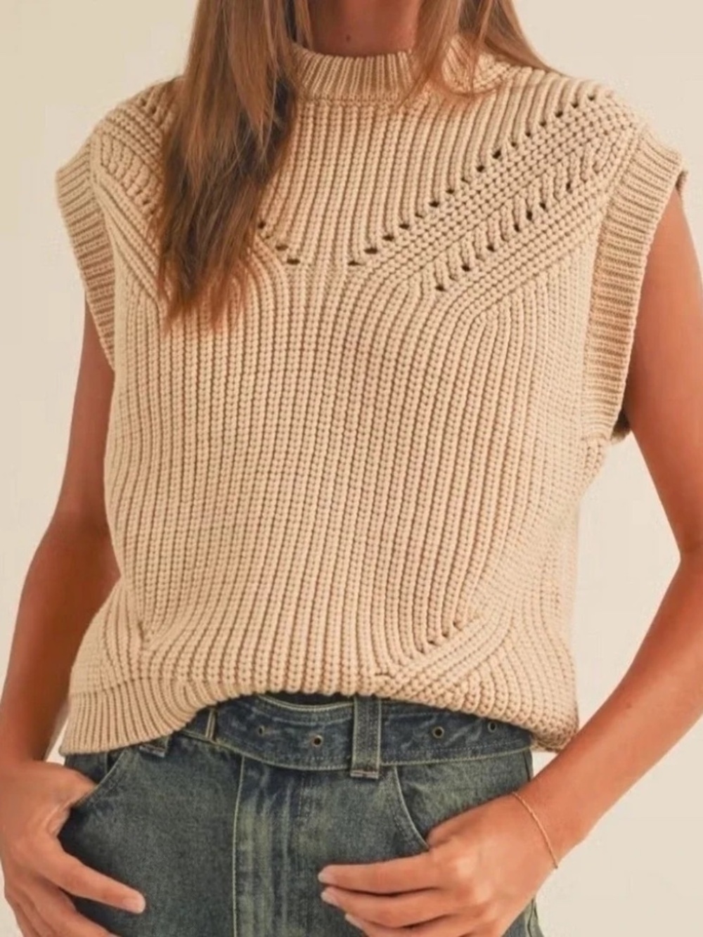 Miou Muse Chunky Knit Cotton Blend Sweater Vest Cap Sleeve Quiet Luxury Preppy S